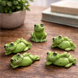 Vintage Green Porcelain Frog Figurine Set of 5 | Hong Kong Mini Frog Decor